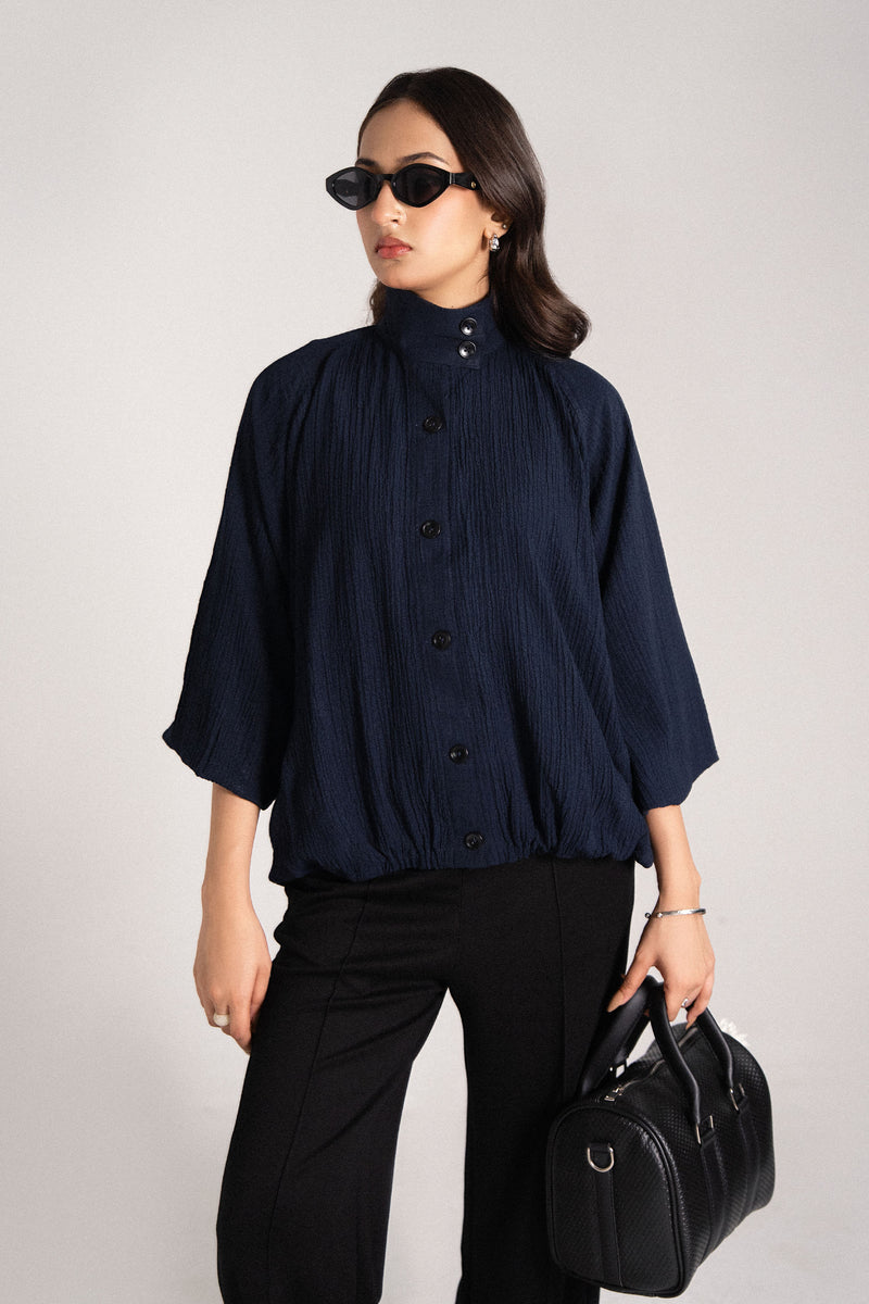 NAVY FLOWY BOMBER JACKET
