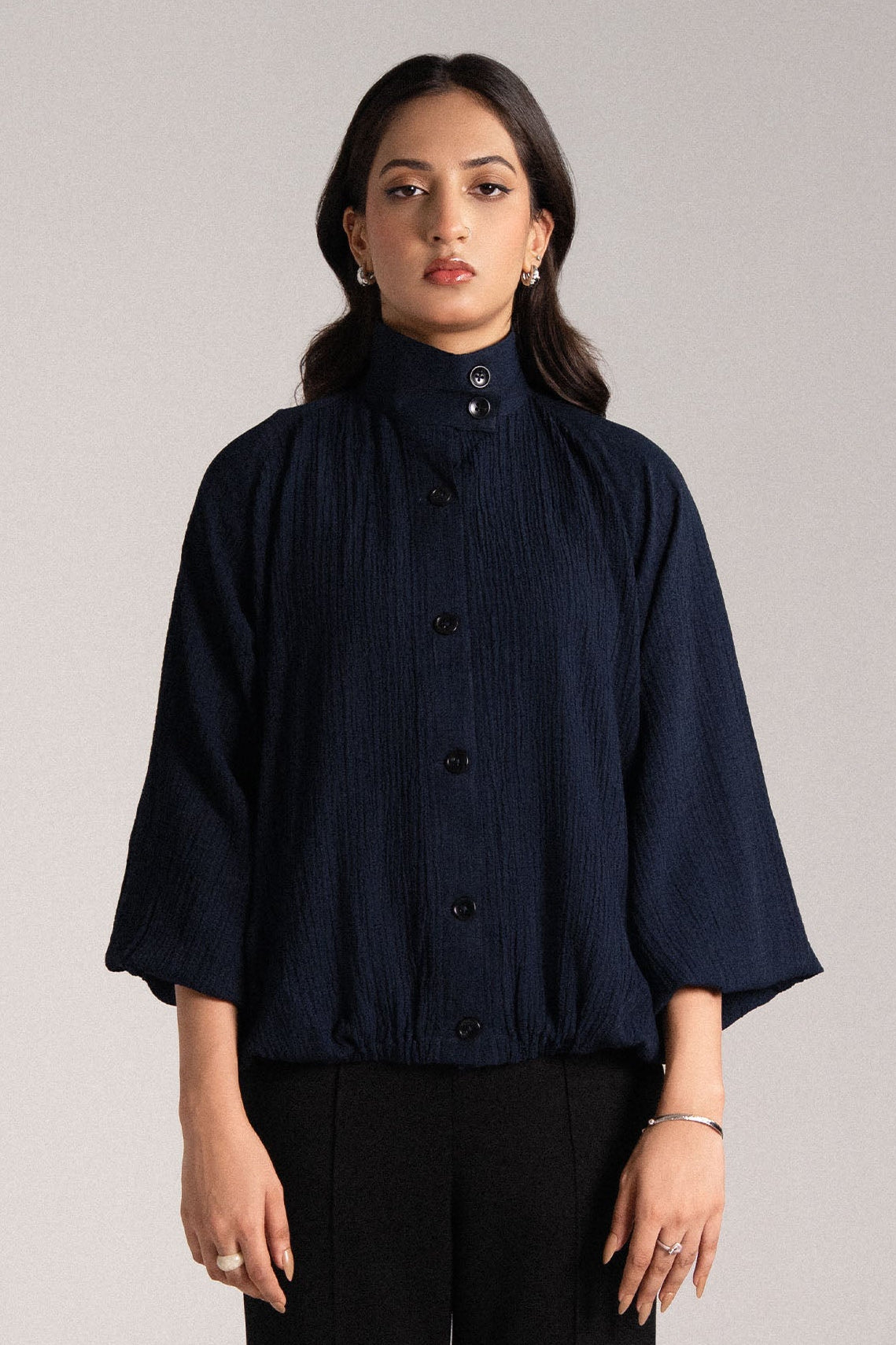 NAVY FLOWY BOMBER JACKET