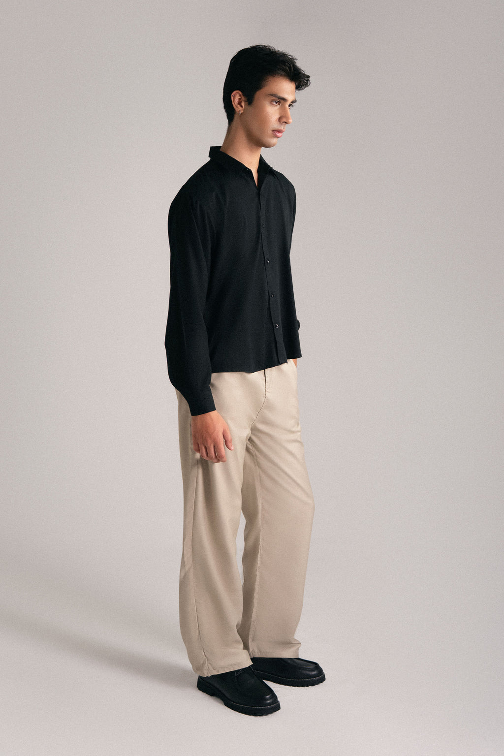 BEIGE RELAXED-FIT STRAIGHT-LEG TROUSERS