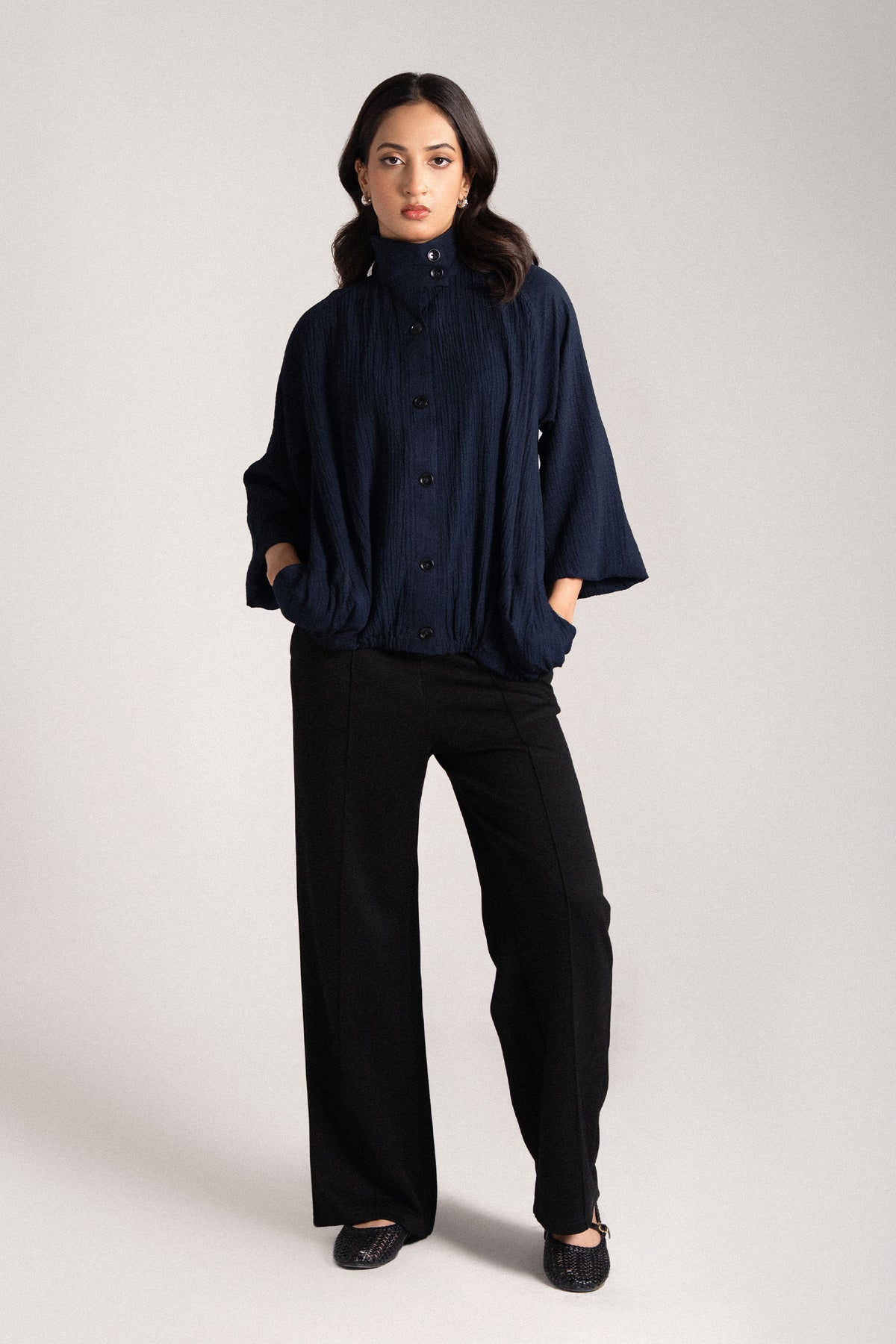 NAVY FLOWY BOMBER JACKET