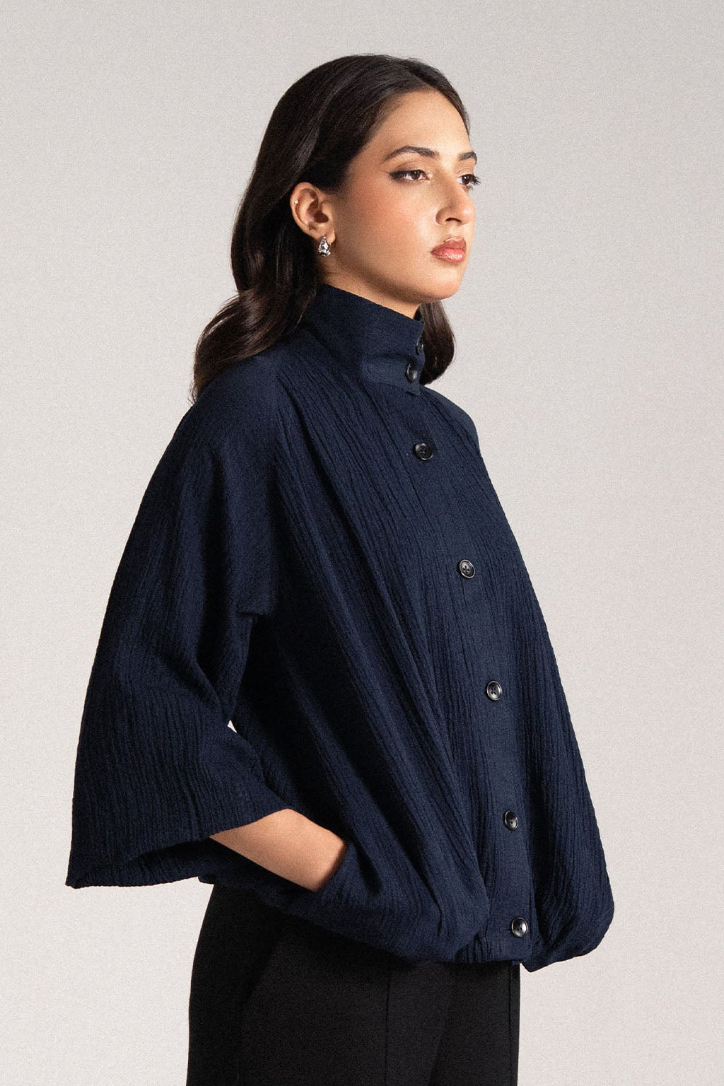 NAVY FLOWY BOMBER JACKET
